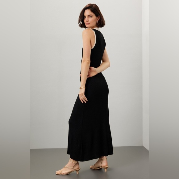 SANDRO Black White Ribbed Knit Beige Button Placket Gabriel Maxi Dress Size 34 - Picture 5 of 12